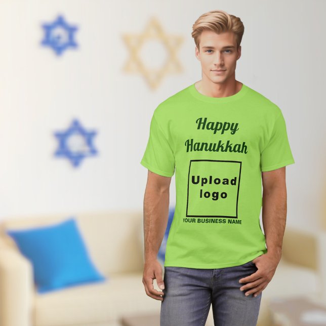 Salutation Hanoukka d'affaires sur le T-shirt vert (Hanukkah greeting, business name and logo on lime green t-shirt)