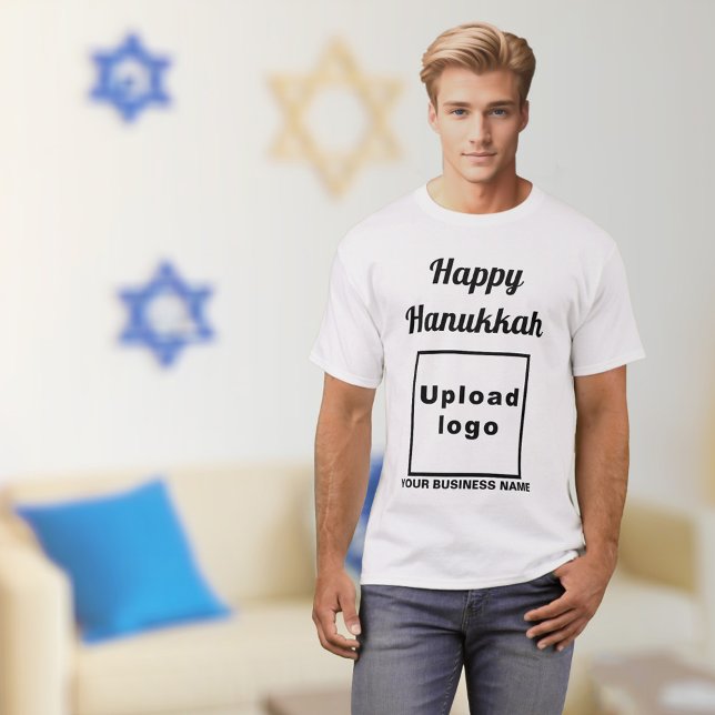 Salutation Hanoukka d'affaires sur T-shirt blanc (Hanukkah greeting, business name and logo on white t-shirt)