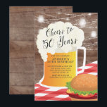 Salutations à 50 ans 50e anniversaire Invitation<br><div class="desc">Salutations à 50 ans invitation barbecue avec une tasse à bière & burger sur un arrière - plan en bois rustique avec des lumières de mât suspendues</div>
