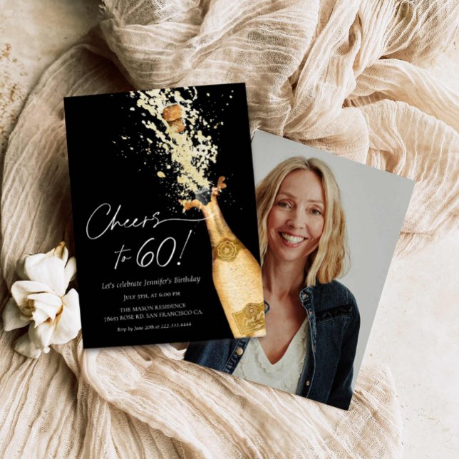 Salutations à 60 Anniversaire Photo Invitation (60th Birthday Party Invitation Champagne Themed)