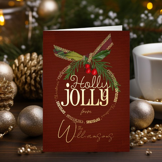 Salutations de Noël Retro Carte de Noël Gold Foil (Elegant vintage holly jolly Christmas Card personalized holiday card with name)
