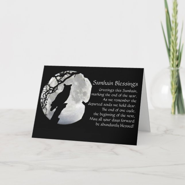 Samhain Pagan Owl et Moon Blessures Carte de vacan (Devant)