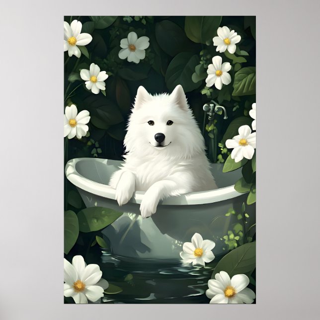 Samoyed In Bathtub Poster, Funny Dog Poster (Devant)