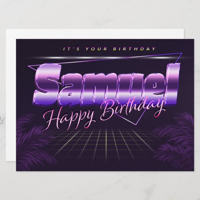 Samuel prénom carte rétro lilas anniversaire (Devant / Derrière)