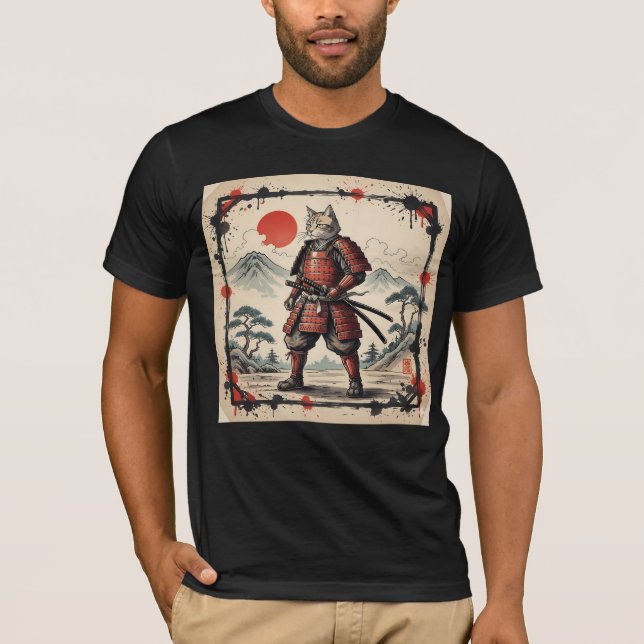 Samurai Cat Illustration T-Shirt | Japanese Sunset (Devant)