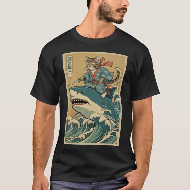 Samurai Chat Riding Shark Japonais Pullover (Devant)