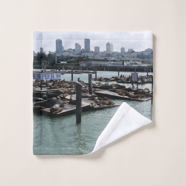 San Francisco et Pier 39 Sea Lions City Skyline (Gant de toilette)