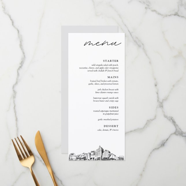 San Jose Skyline Modern Mariage Dinner Menu (Devant/Arrière en situation)
