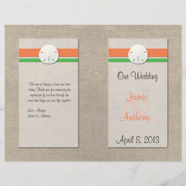 Sand Dollar Beach Wedding Programme - Orange & Gre (Devant)