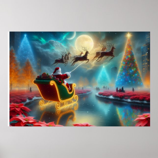 Santa and His Reindeer Flying in the Sky Poster (Devant)