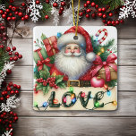Santa Claus Love Lights Enfants Ornement céramique<br><div class="desc">Sur le devant de cet ornement en céramique pour un enfant est le portrait du Père Noël dans son costume de Noël rouge classique et casquette. Il est entouré de cadeaux colorés, de décorations et d'un sucre de canne. En face de lui est un panneau qui dit "AMOUR" avec des...</div>