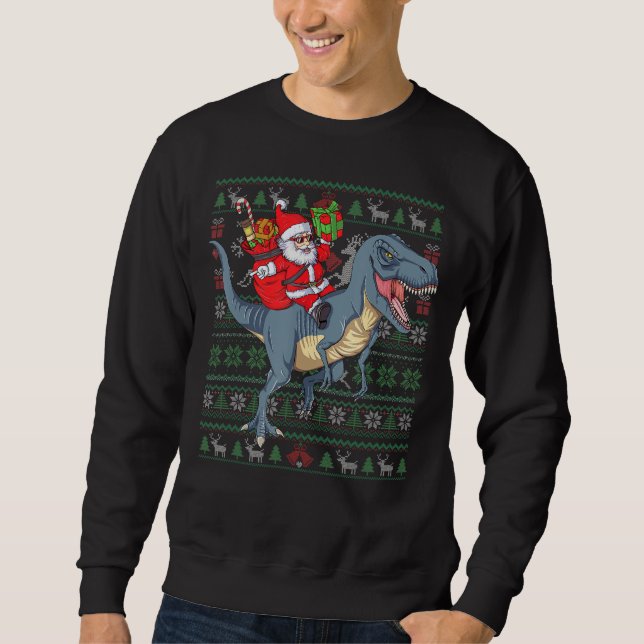 Santa Claus sur T Rex laide Sweat de Noël drôle (Devant)