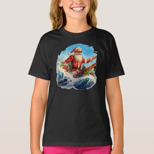 Santa Claus Surf Shredding Waves Girls T-Shirt (Devant)
