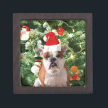 Santa Hat Bulldog Christmas Tree Snowman boîte cad<br><div class="desc">Mignonne photo Bulldog avec boîte cadeau de Noël Tree Snowman en arrière - plan. Un cadeau parfait pour Noël !</div>