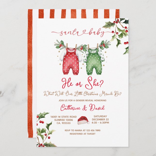 Santa He or She Christmas Gender Reveal Invitation (Devant / Derrière)