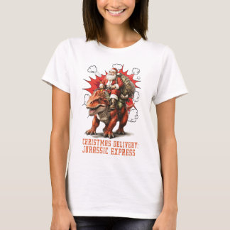 Santa Riding Dino Women White T-Shirt