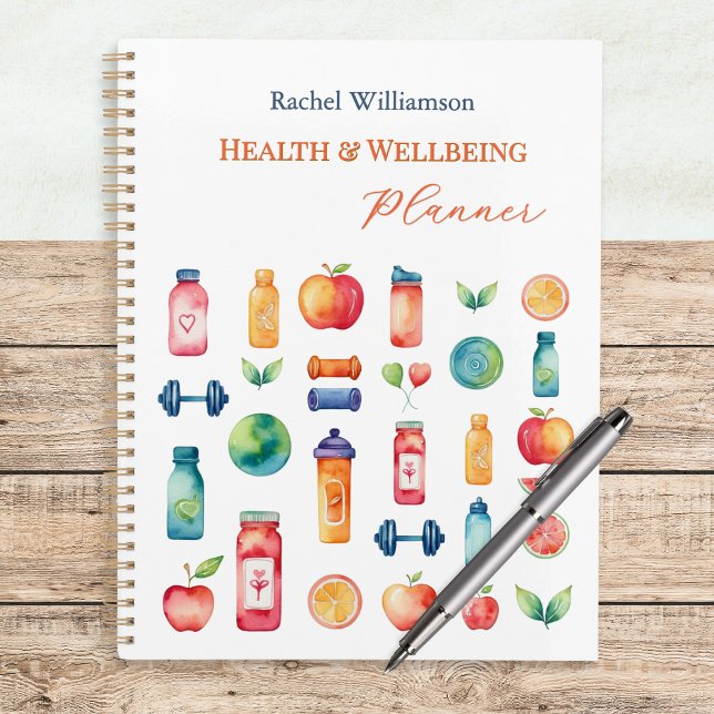Santé et bien-être personnalisés et colorés (A spiral-bound Health and Wellbeing planner, with personalized name and colorful illustrated cover)