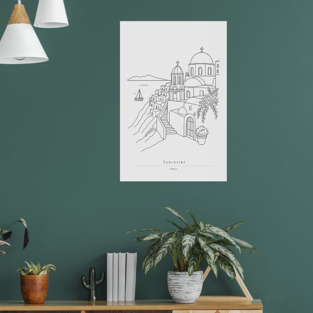 Santorin Grèce Affiche de voyage en art linéaire m (Salon 1)