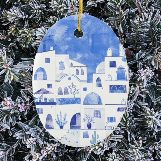 Santorin Grèce Aquarelle en céramique ornement (Santorini watercolor blue and white art Christmas ornament)