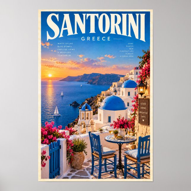 Santorin Grèce Coucher de Soleil Dôme Bleu Affiche (Devant)