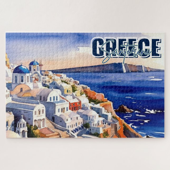 Santorin Grèce garde le puzzle de l'aquarelle (Horizontal)