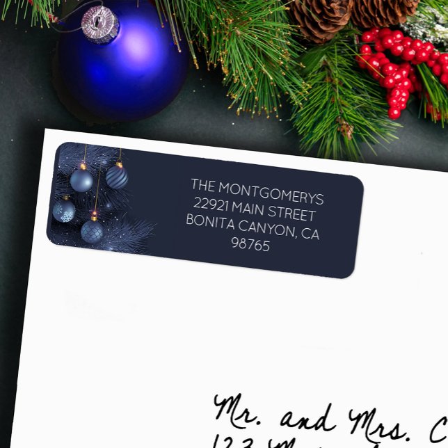 Sapin de Noël bleu & Étiquette d'adresse de retour (Blue Christmas tree and blue ornaments return address labels)