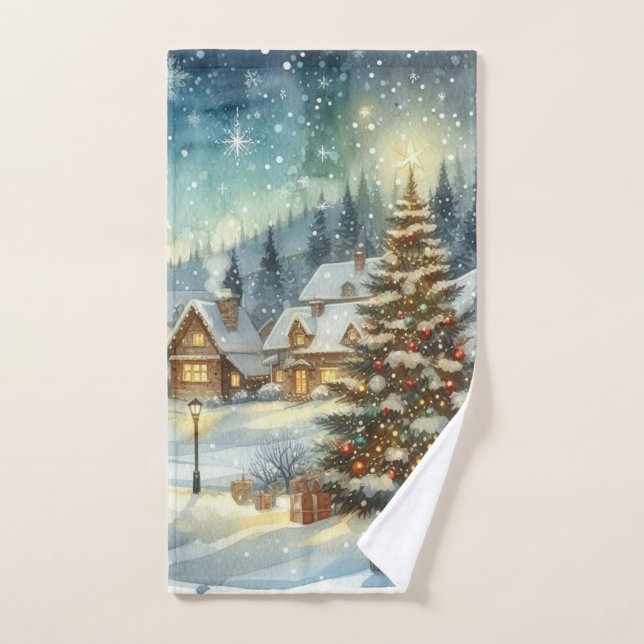 Sapin de Noël dans la neige hivernale  (Serviette à main)