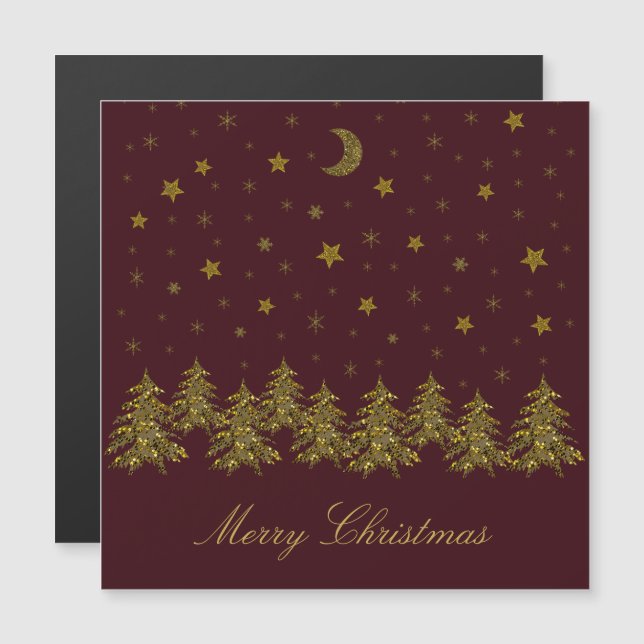Sapin de Noël doré scintillant, lune, étoiles sur  (Devant / Derrière)
