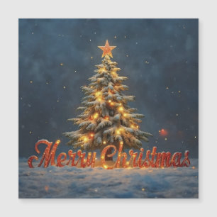 Sapin de Noël enneigé aux lumières chaudes