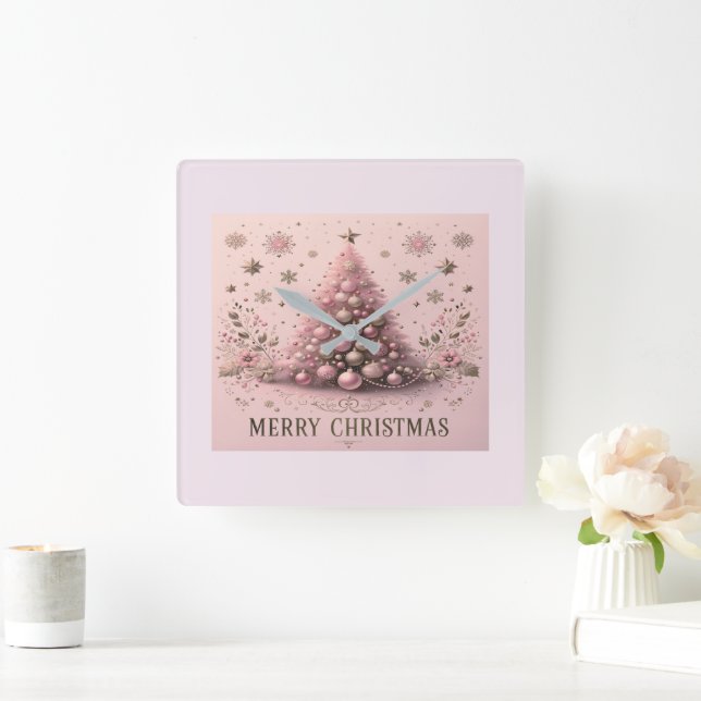 Sapin de Noël rose Horloge murale Joyeux Noël (Maison)