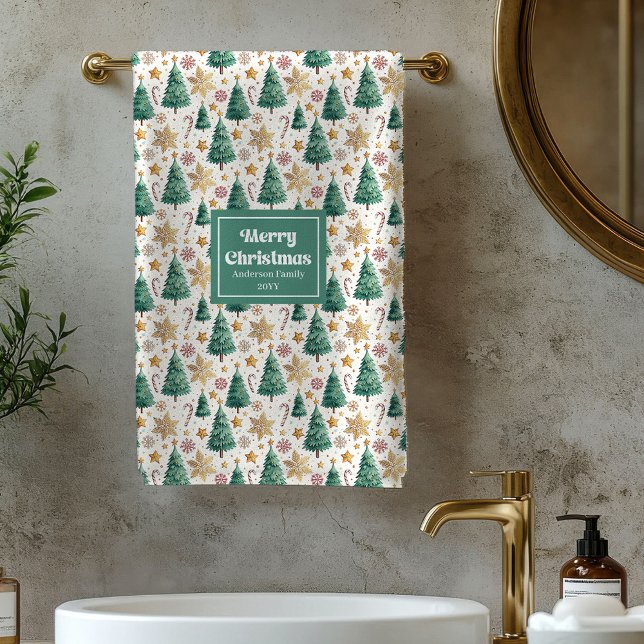 Sapins de Noël chic rouge vert serviette de bain f (Chic Christmas trees red green festive bath towel)