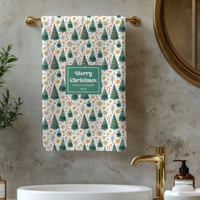 Sapins de Noël cosy rouge vert serviette de bain d (Cozy Christmas trees red green holiday bath towel)