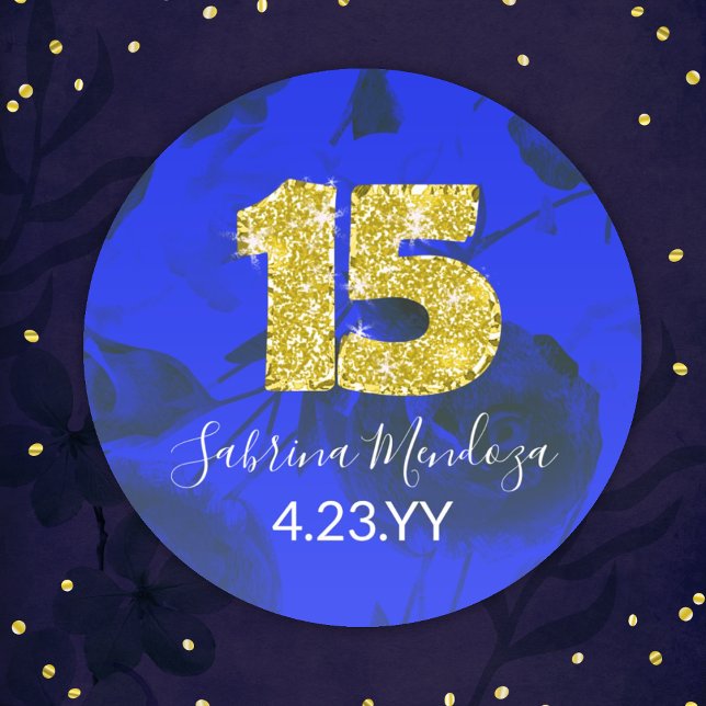 Sapphire Bleu Quinceanera Or #15 Sticker Rond (royal blue quinceanera sticker with gold, glitter number 15, mis quince anos, personalized label)