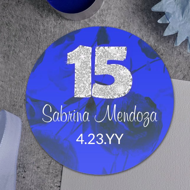 Sapphire Bleu Quinceanera Silver #15 Round Sticker (elegant royal blue and silver quinceanera stickers with name, script writing, glitter 15 15th, date)