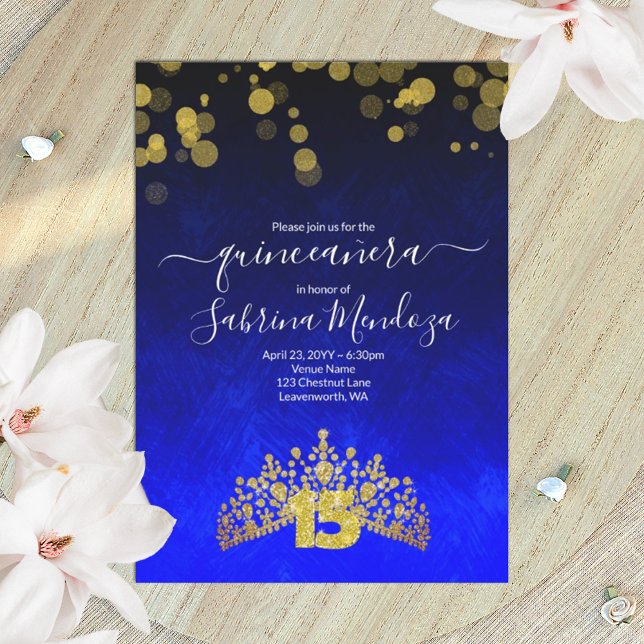 Sapphire Blue, Gold Tiara Quinceanera Invitation (royal blue, gold shimmery lights, gold rhinestone tiara, glitter #15 quinceanera invitation)