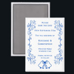 Sapphire Wedding Enregistrer La Date Magnet Bells<br><div class="desc">Mariage enregistrer la conception des cloches magnétiques de date. Customisez ce mariage bleu enregistrer l'aimant de date avec vos détails mariages. Si vous avez besoin d'aide pour vous customiser,  contactez-nous via le lien de cette page. Sapphire couleurs cloches design mariage personnalisé enregistrer la date aimant</div>