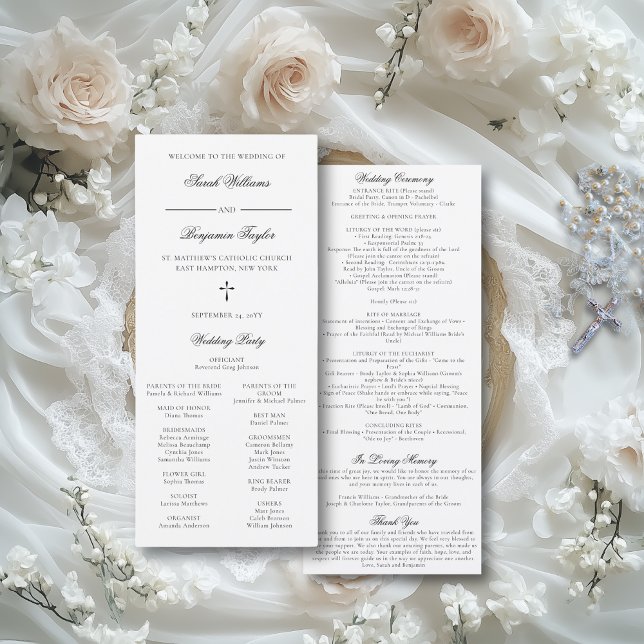 Sarah Catholic Mariage Cérémonie Programme Pleine  (This elegant wedding program features a classic script font and all your nuptial Mass details.)