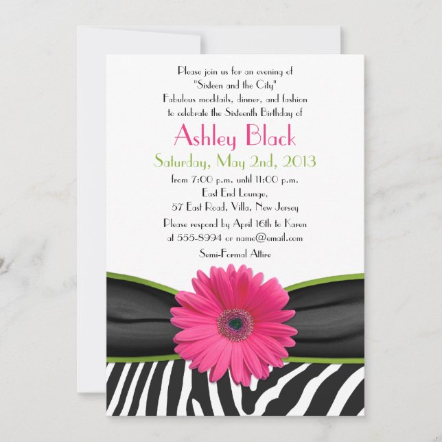 Sassy Rose Daisy Zebra Print Sweet 16 Invitation (Devant)