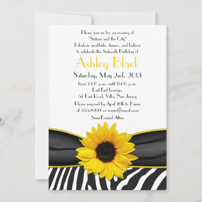 Sassy Sunflower Zebra Imprimer Sweet 16 Invitation (Devant)