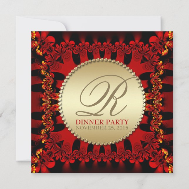 Satin Red Frills Gold Dinner Party Invitations (Devant)