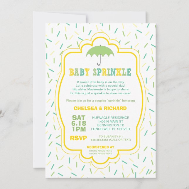 Saupoudrer les Invitations Baby showers vert jaune (Devant)