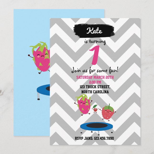 Sauts De Fruits Sur Trampoline Invitation Annivers (Devant / Derrière)