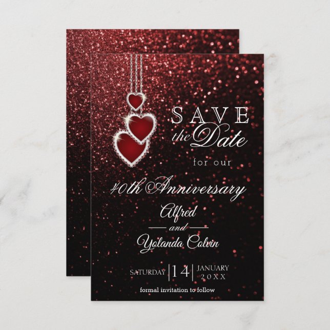 Sauver la date - Invitation Pailletée Rouge (Devant / Derrière)