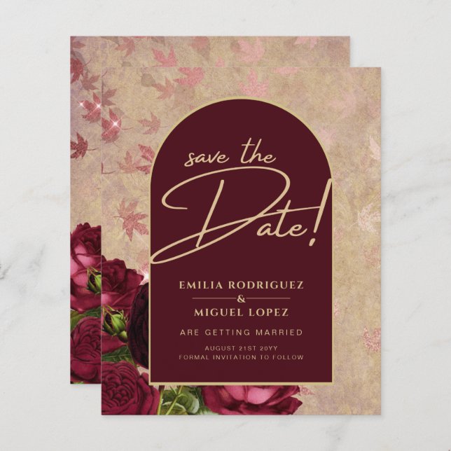 Sauvez les dattes Bourgogne Rose Rouge Vintage Flo (Devant / Derrière)