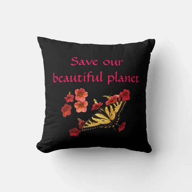 Sauvez nos fleurs papillons Planet Coussin noir ro (Recto)