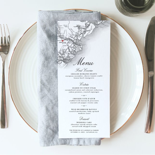 Savannah GA Carte Elégante Marine noir blanc Maria (Savannah GA Map Wedding Menu in Elegant Black and White from Coastal Map Designs)