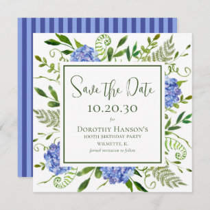 Save The Date 100e anniversaire Blue Hydrangeas