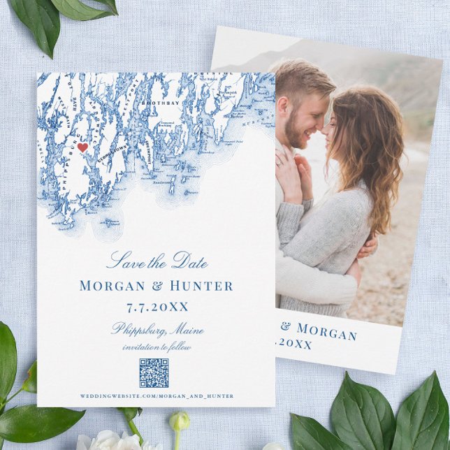 Save The Date 1774 Inn Phippsburg Maine Map Code QR élégant (Phippsburg, Maine map save the dates perfect for your navy blue 1774 Inn destination wedding)