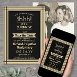 Save The Date 1 Anniversaire photo Surprise Party Noir et Or<br><div class="desc">Peux-tu garder un secret ? famille d'Invitations et amis à une soirée d'anniversaire de surprise élégante et passionnante avec photo personnalisée noir et or enregistrer les invitations de date. Image et toute la formulation sur ce modèle sont simples à personnaliser, y compris le message qui dit "Shhh! C'est une SURPRISE."...</div>