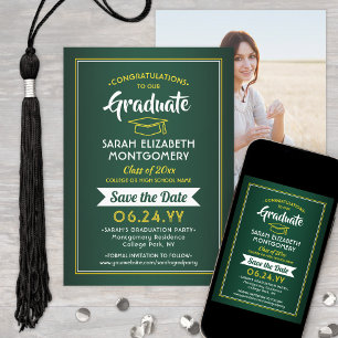 Save The Date 1 Diplôme photo Elégant Vert & Or Jaune